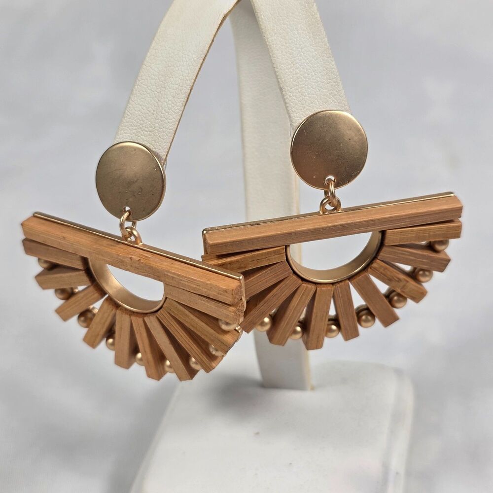 Boho Wooden Fan Statement Earrings Gold Tone Geometric Half Circle Drop Dangle